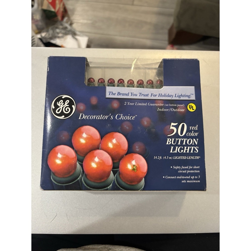 GE Decorators Choice 50 Red Color Button Lights 14.2 Lighted Length NOS